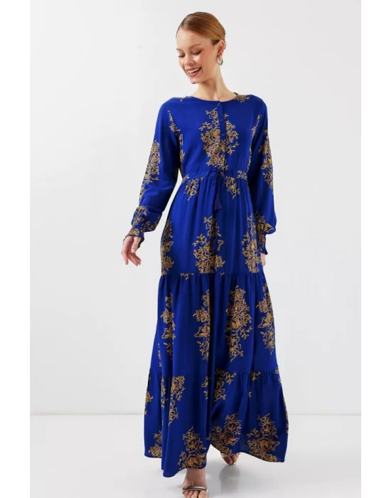 2145 Desenli Tesettür Elbise - Saks
