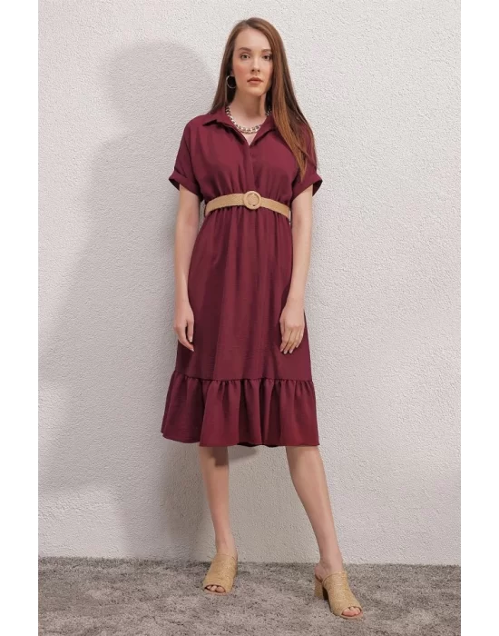 2292 Kemerli Elbise - Bordo