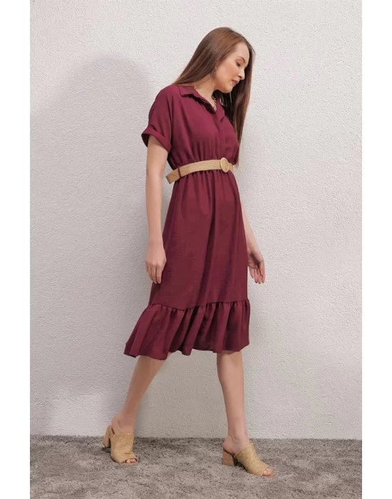 2292 Kemerli Elbise - Bordo