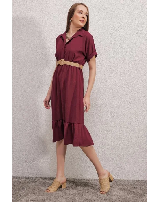 2292 Kemerli Elbise - Bordo