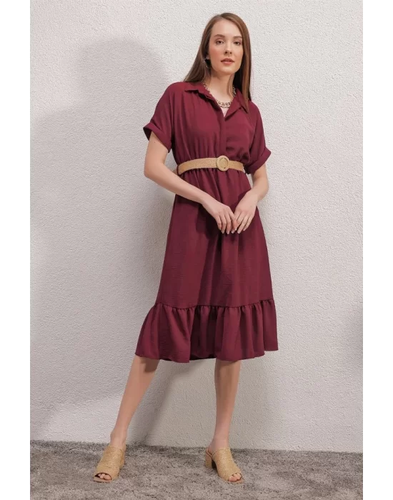 2292 Kemerli Elbise - Bordo