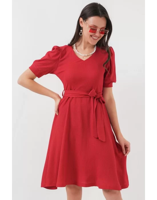 2370 Kuşaklı Örme Elbise - Kırmızı