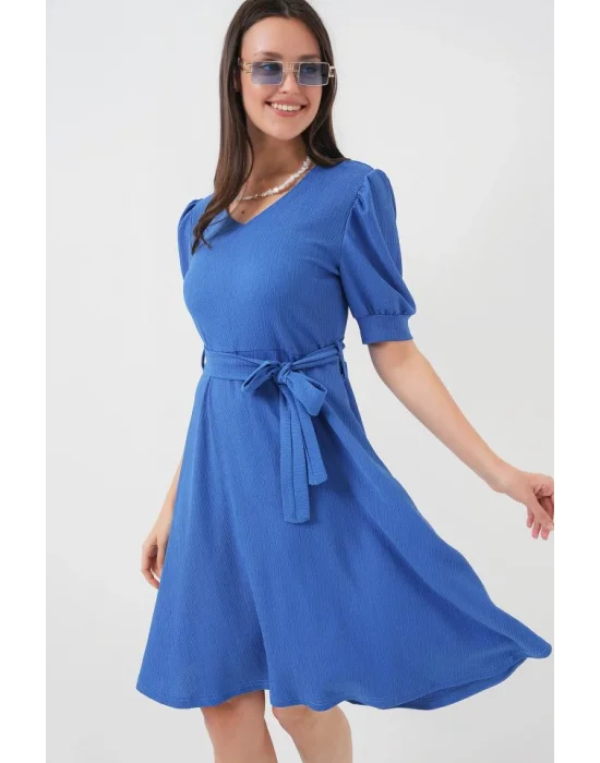 2370 Kuşaklı Örme Elbise - Saks