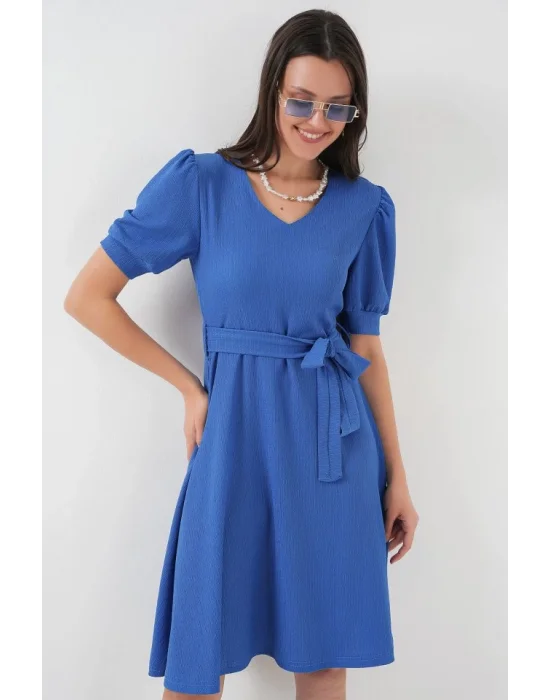 2370 Kuşaklı Örme Elbise - Saks