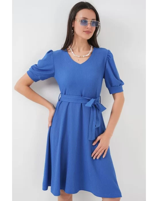 2370 Kuşaklı Örme Elbise - Saks