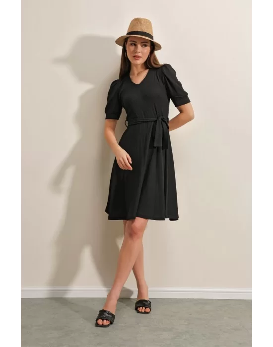 2370 Kuşaklı Örme Elbise - Siyah