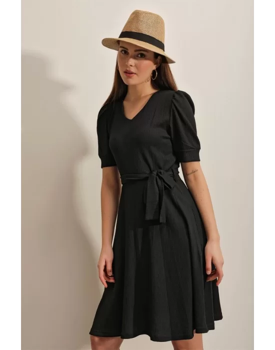 2370 Kuşaklı Örme Elbise - Siyah