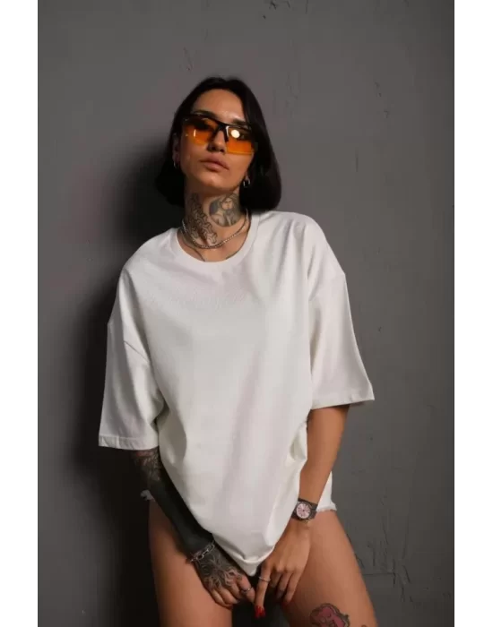 24/1 Düz A Kalite Oversize T-shirt - Beyaz