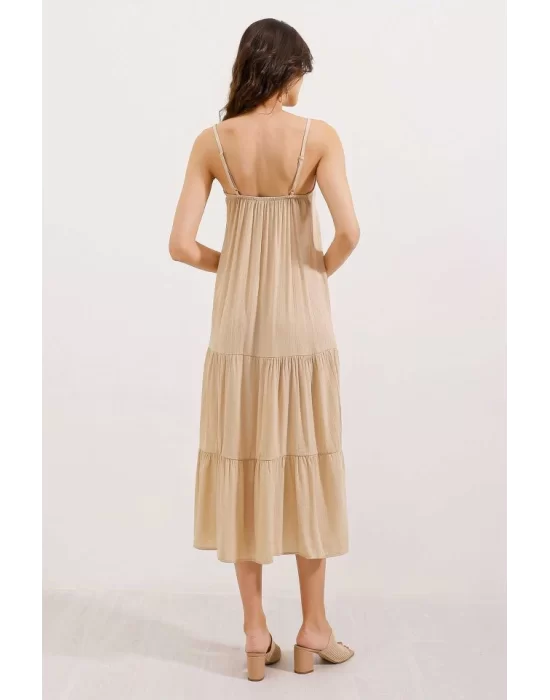 2403 Askılı Midi Elbise - Krem