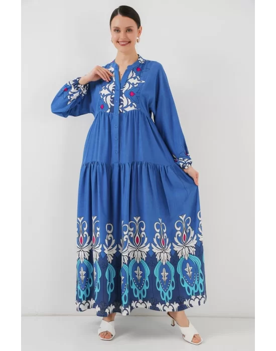2423 Otantik Desenli Tesettür Elbise - F. İndigo