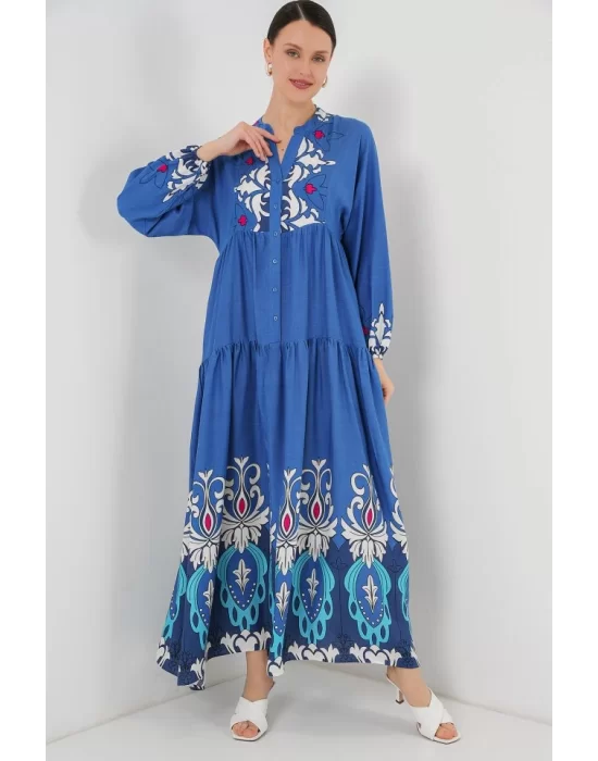 2423 Otantik Desenli Tesettür Elbise - F. İndigo