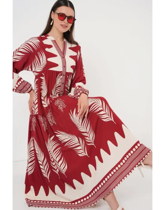 2423 Otantik Desenli Tesettür Elbise - G.Bordo