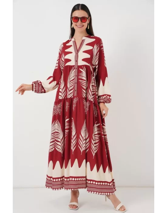 2423 Otantik Desenli Tesettür Elbise - G.Bordo