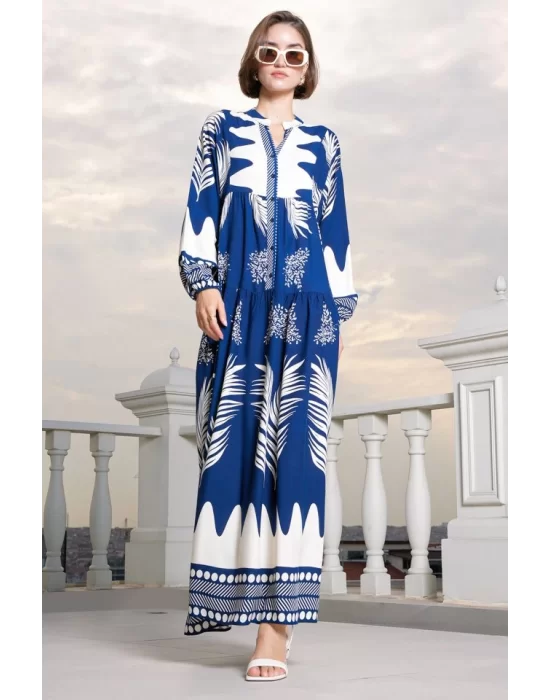 2423 Otantik Desenli Tesettür Elbise - M. Lacivert