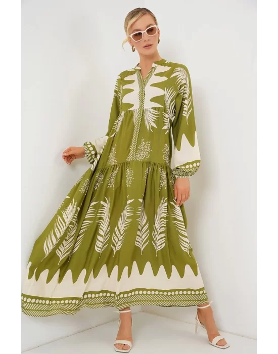 2423 Otantik Desenli Tesettür Elbise - Mint Yeşili