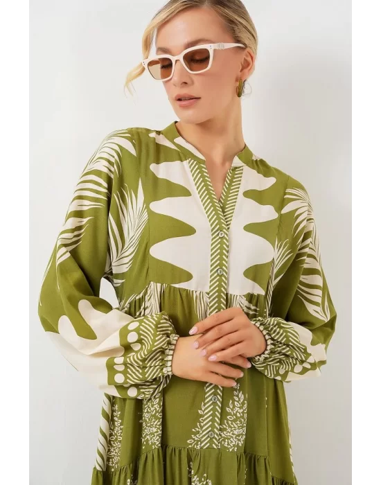 2423 Otantik Desenli Tesettür Elbise - Mint Yeşili