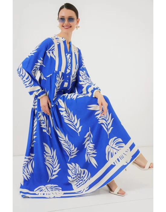 2423 Otantik Desenli Tesettür Elbise - Saks 3
