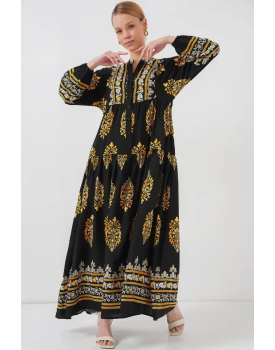 2423 Otantik Desenli Tesettür Elbise - Siyah 6