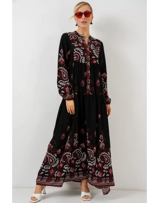 2423 Otantik Desenli Tesettür Elbise - Siyah - Bordo