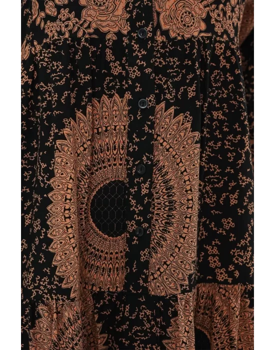 2423 Otantik Desenli Tesettür Elbise - Siyah - Taba