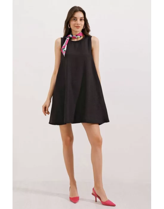 2444 Detaylı Mini Keten Elbise - Siyah