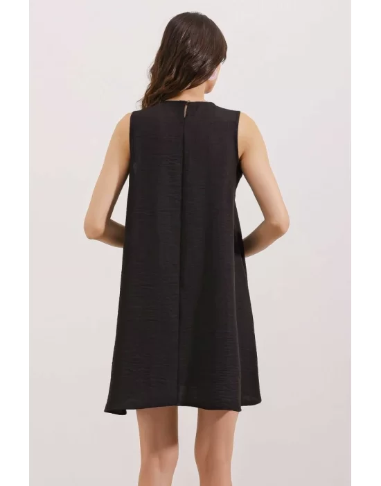 2444 Detaylı Mini Keten Elbise - Siyah