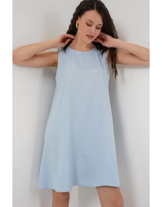 2444 Mini Keten Elbise - Açık Mavi