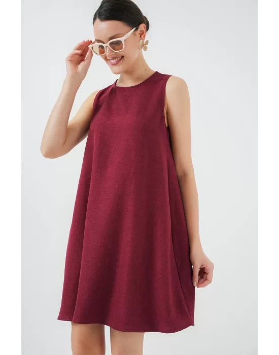 2444 Mini Keten Elbise - Bordo