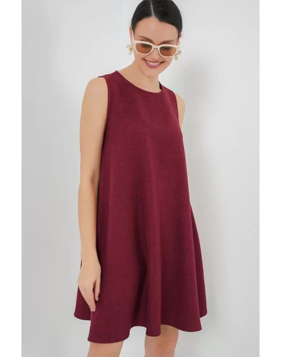2444 Mini Keten Elbise - Bordo