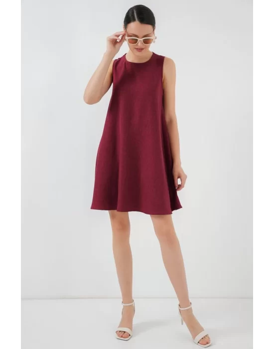 2444 Mini Keten Elbise - Bordo