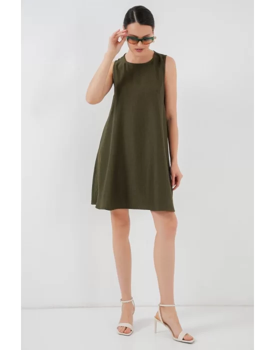 2444 Mini Keten Elbise - Haki