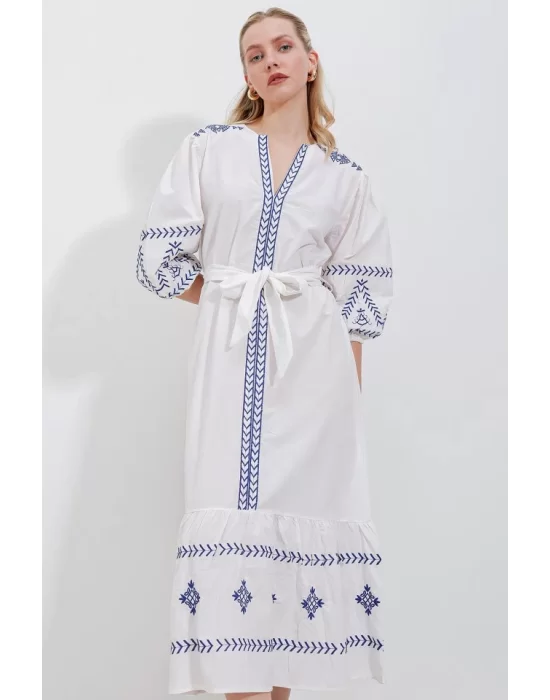 2479 Desenli Keten Elbise - Beyaz