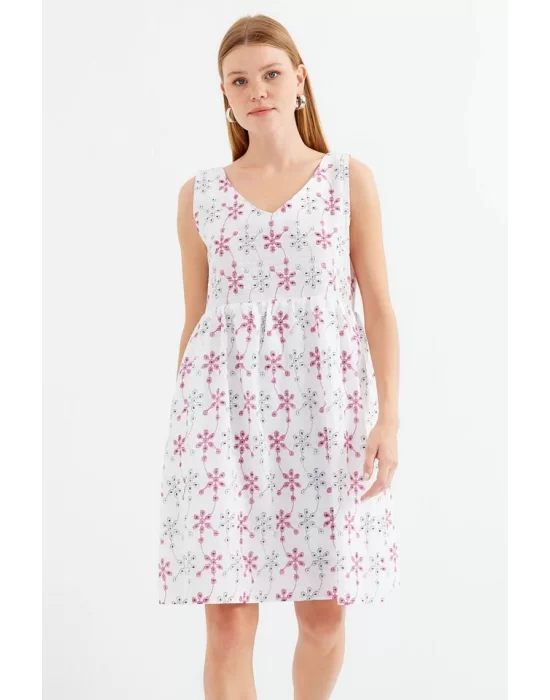 2507 V Yaka Desenli Mini Elbise - Beyaz