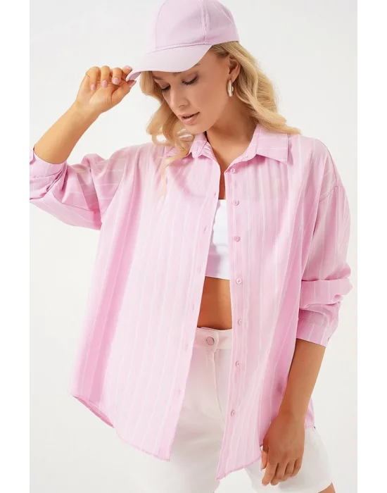 3900 Oversize Kareli Gömlek - Y.Pembe