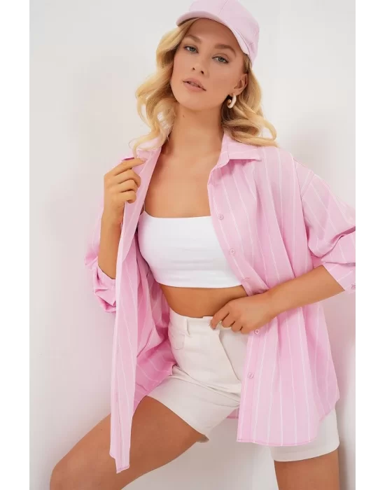 3900 Oversize Kareli Gömlek - Y.Pembe