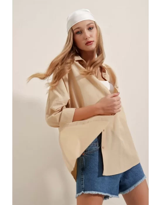 3900 Oversize Uzun Basic Gömlek - Bej