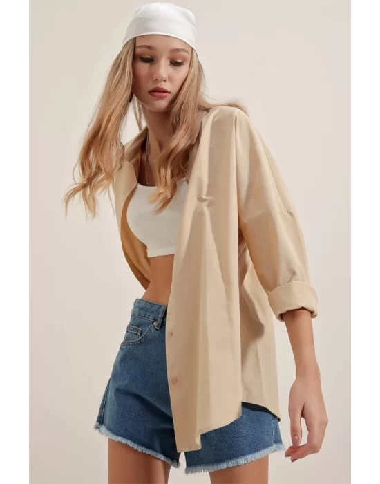 3900 Oversize Uzun Basic Gömlek - Bej