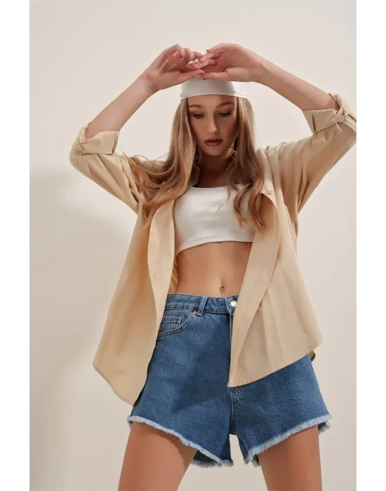 3900 Oversize Uzun Basic Gömlek - Bej