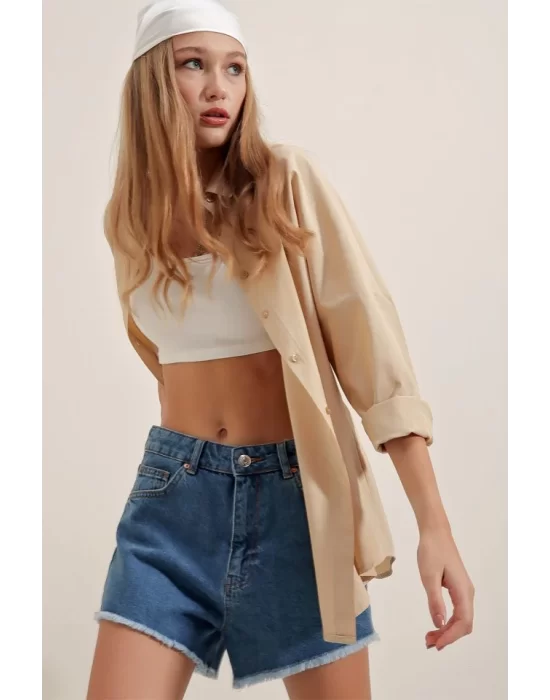 3900 Oversize Uzun Basic Gömlek - Bej