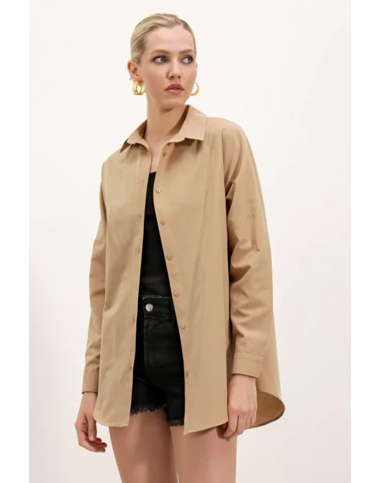 3900 Oversize Uzun Basic Gömlek - Bisküvi