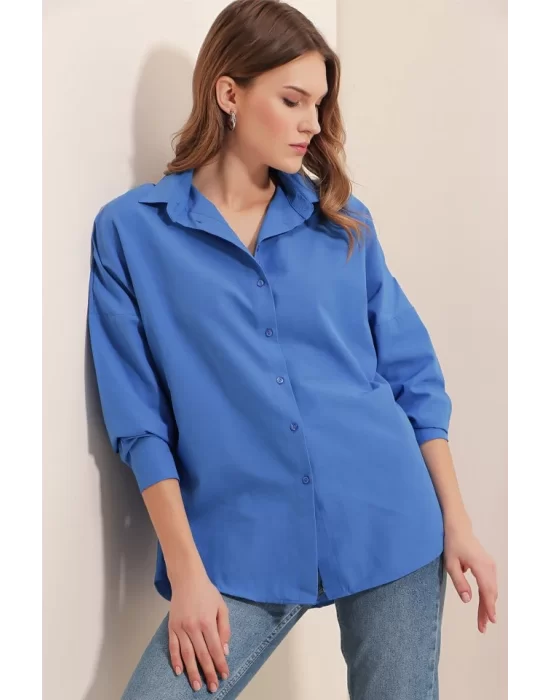 3900 Oversize Uzun Basic Gömlek - B.Mavi