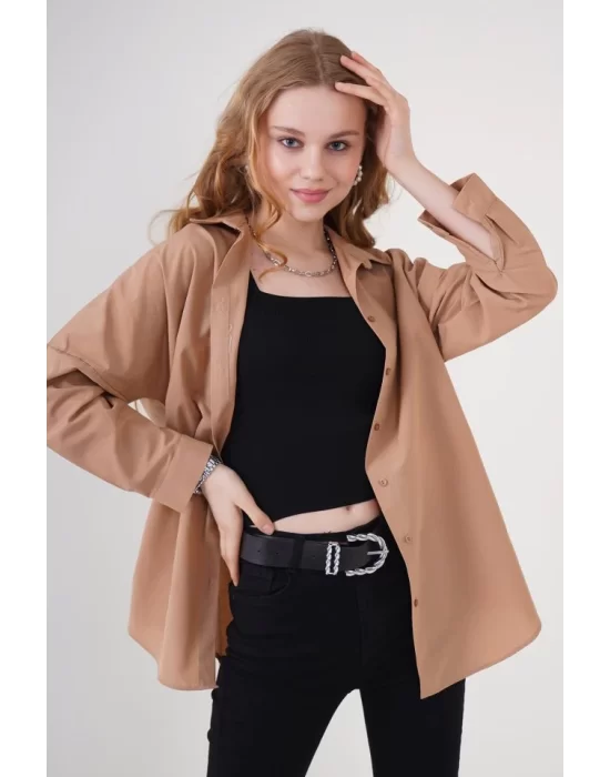 3900 Oversize Uzun Basic Gömlek - Camel