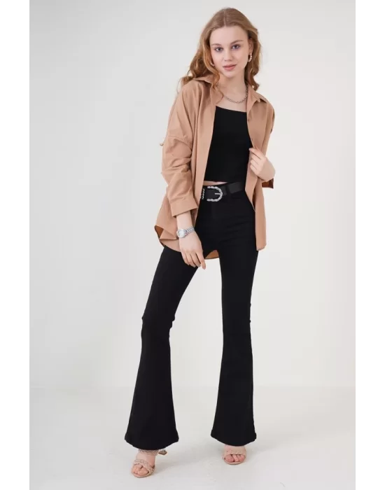 3900 Oversize Uzun Basic Gömlek - Camel