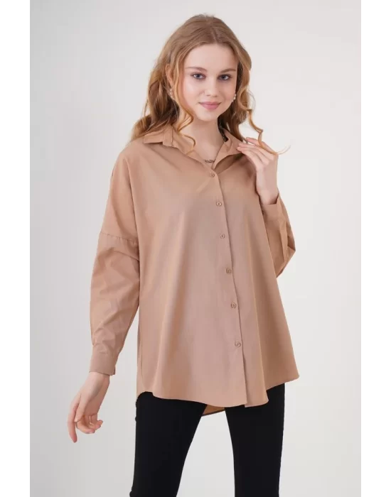 3900 Oversize Uzun Basic Gömlek - Camel