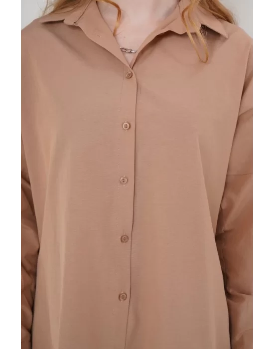 3900 Oversize Uzun Basic Gömlek - Camel