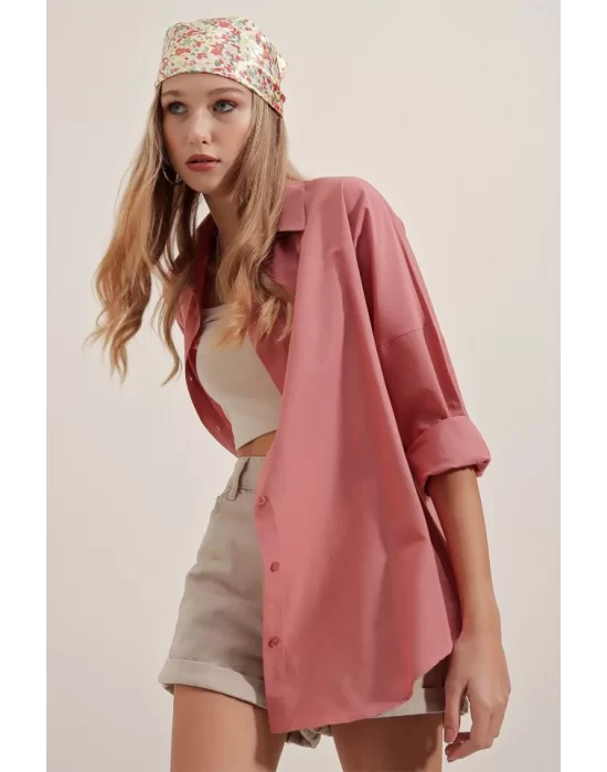 3900 Oversize Uzun Basic Gömlek - Gül Kurusu