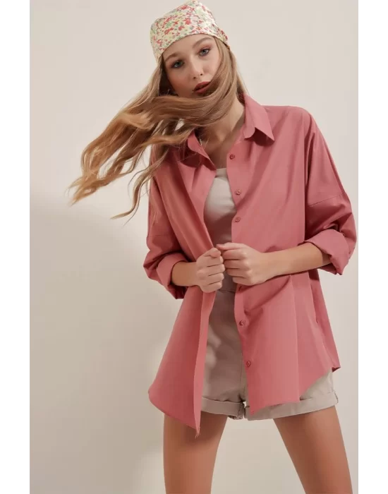3900 Oversize Uzun Basic Gömlek - Gül Kurusu