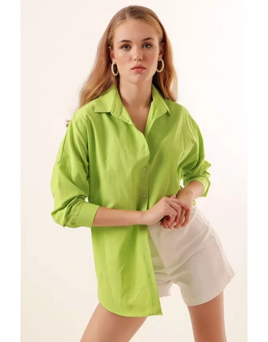 3900 Oversize Uzun Basic Gömlek - G.Yeşil