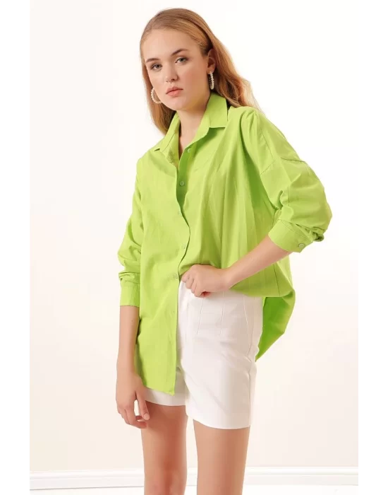 3900 Oversize Uzun Basic Gömlek - G.Yeşil