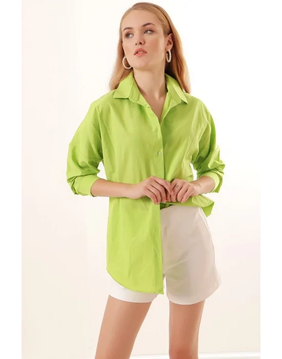 3900 Oversize Uzun Basic Gömlek - G.Yeşil